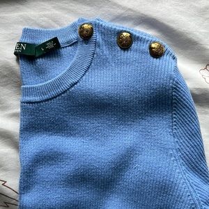 Lauren Ralph Lauren Blue Ribbed Sweater with Shoulder Buttons